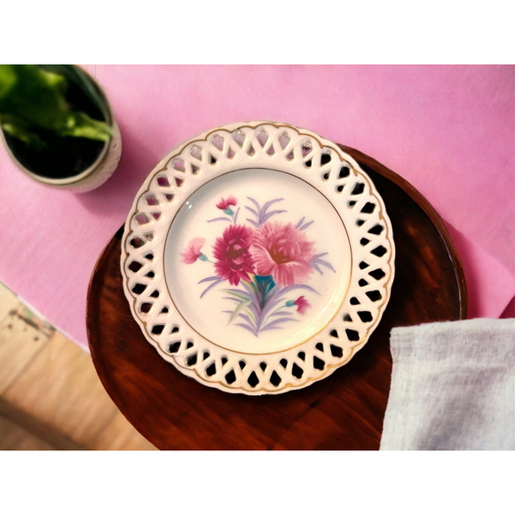 40s Collectible Dish from Japan 1940s Gold Edged Pink Flowers Lattice Edged - Picture 6 of 9